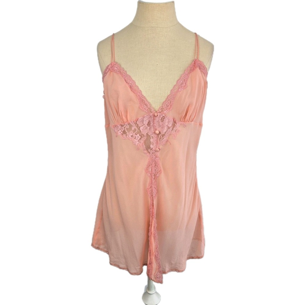 Victoria's Secret Vtg Peach Silk Babydoll Nightie Camisole Size L Lace Y2K Fairy